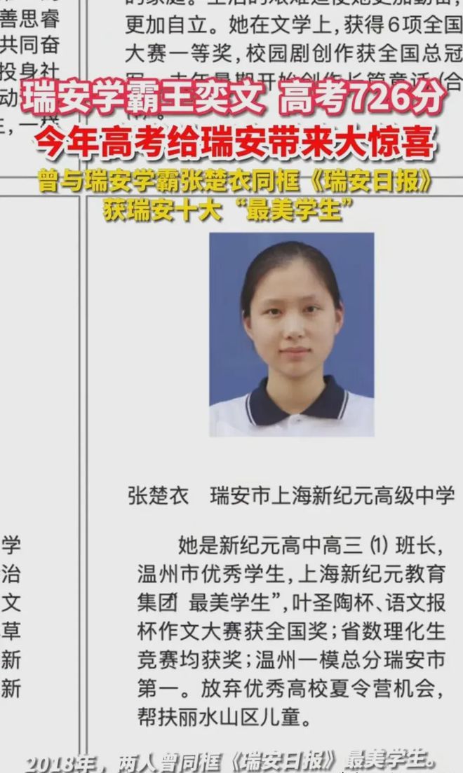 目前全国状元在温州：多才多艺的“全能型”学霸王奕文726分！(图3)