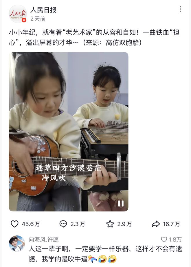 刷屏！安徽萌娃姐妹弹唱《铁血丹心》火爆全网！(图2)